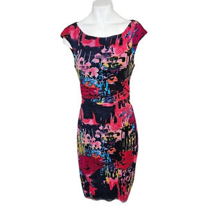 Kay Unger New York Womens Nylon Ruched Abstract Midi Dress Size Small